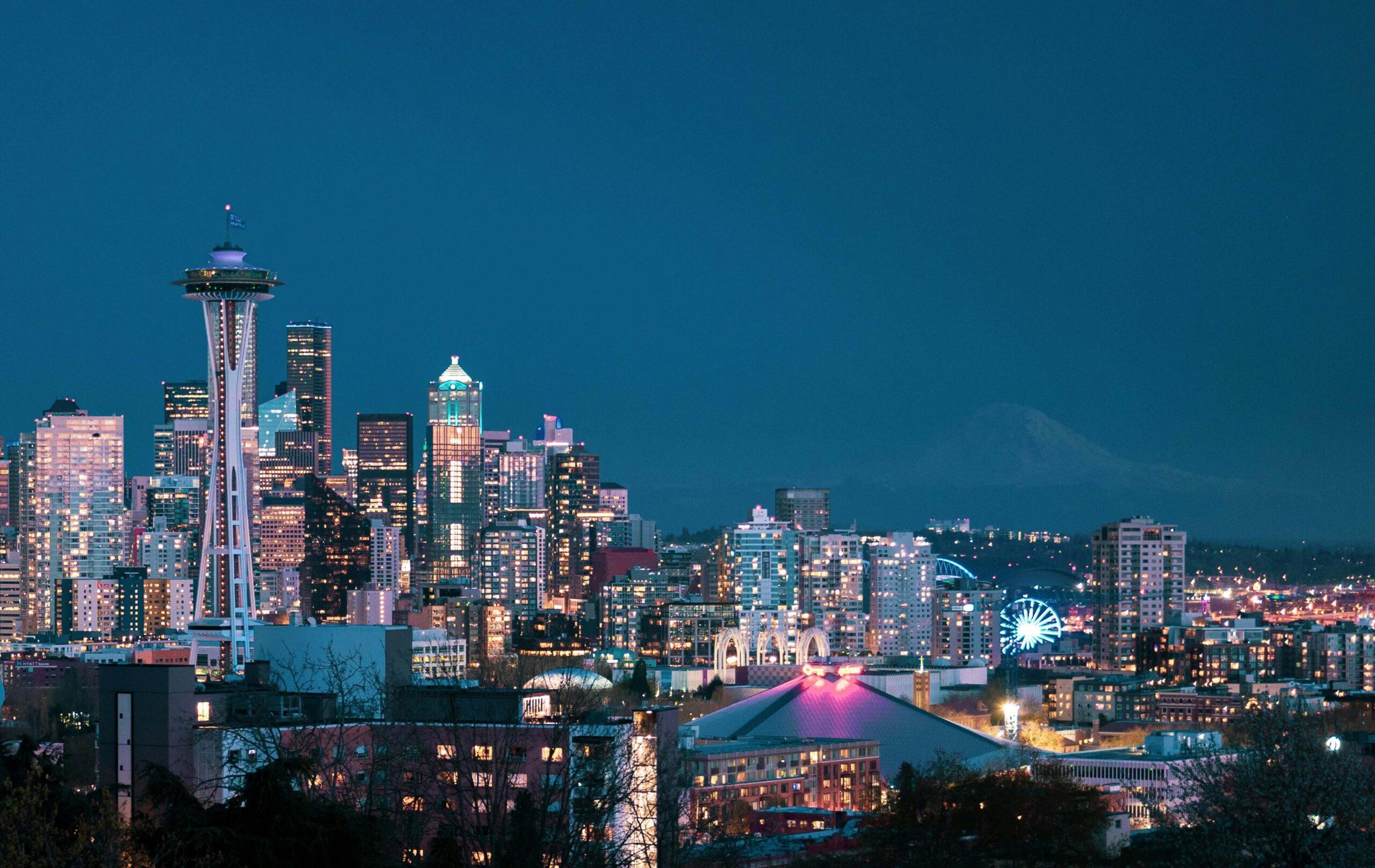 The Seattle skyline at night.